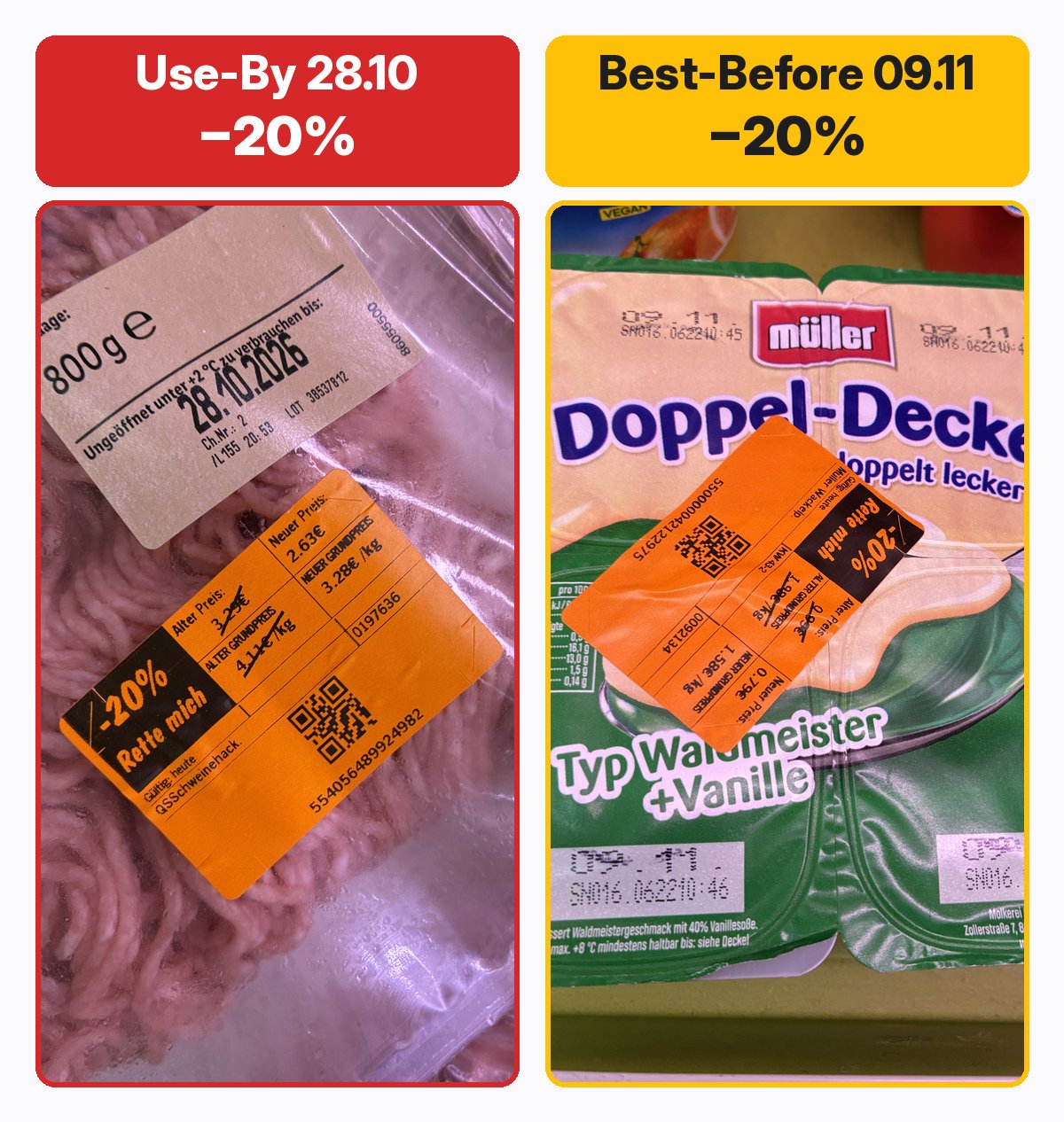 Use by vs best before in one chiller: minced meat with Use-By 28.10 and a dairy dessert with Best-Before 09.11, both with the same -20% discount sticker